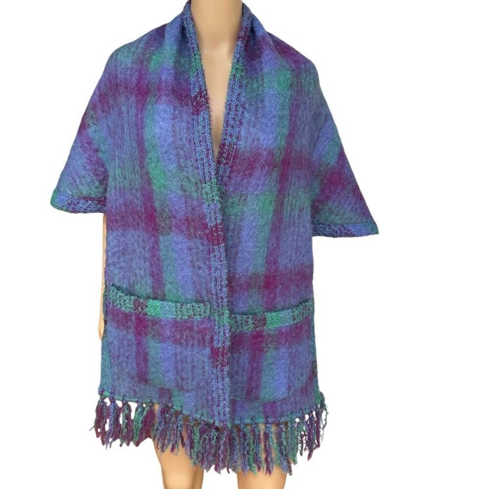 DONEGAL DESIGN Handmade Mohair Wool Wrap Shawl Jacket 2 Pockets Pink Purple OS